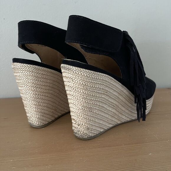 Report Boho Wedge Sandals Womens 9 Utility Espadrilles Black Suede Fringe Shoes - Picture 6 of 12